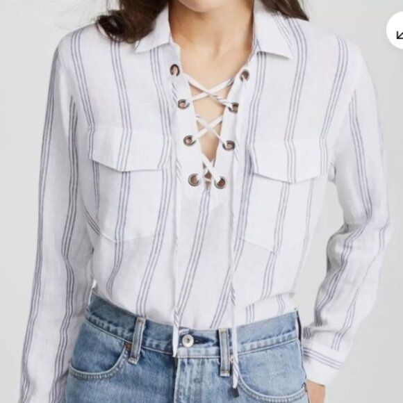 Rails Matea Flamenco Stripe Linen Blend Pockets Shirt Blouse Sz L/XL Sold Out - Picture 2 of 11